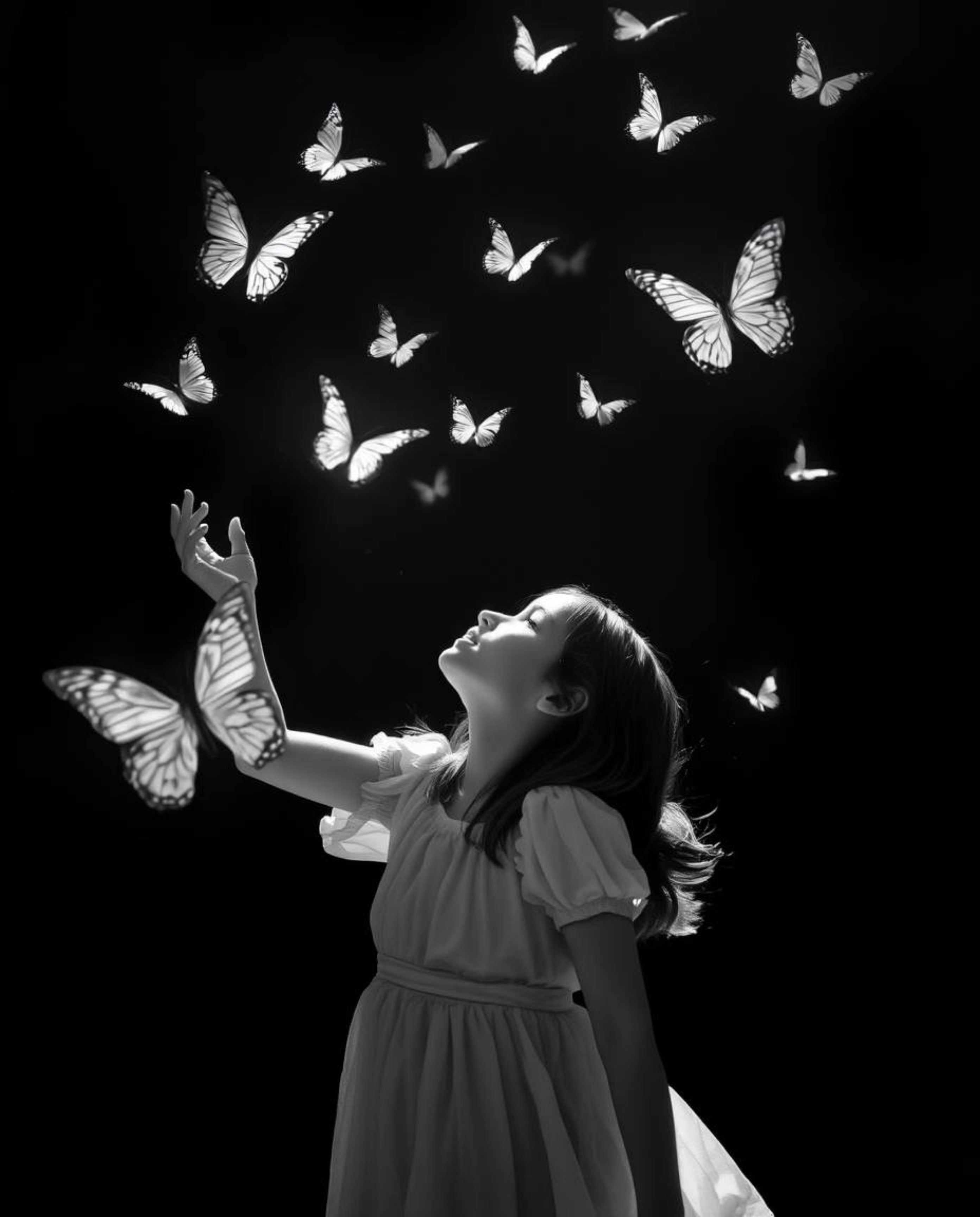 A captivating black and white image depicting a girl releasing butterflies into the air. The photograph evokes a mystical an