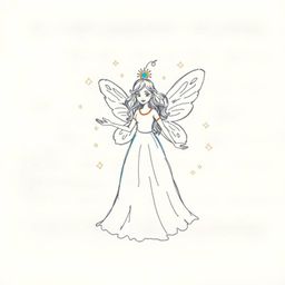 A whimsical illustration featuring a fairy godmother emerging from a dazzling swirl of sparkles, rendered in a charming hand-