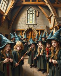 Discover a captivating acrylic painting depicting a magical school brimming with young wizards. The artwork utilizes a palet