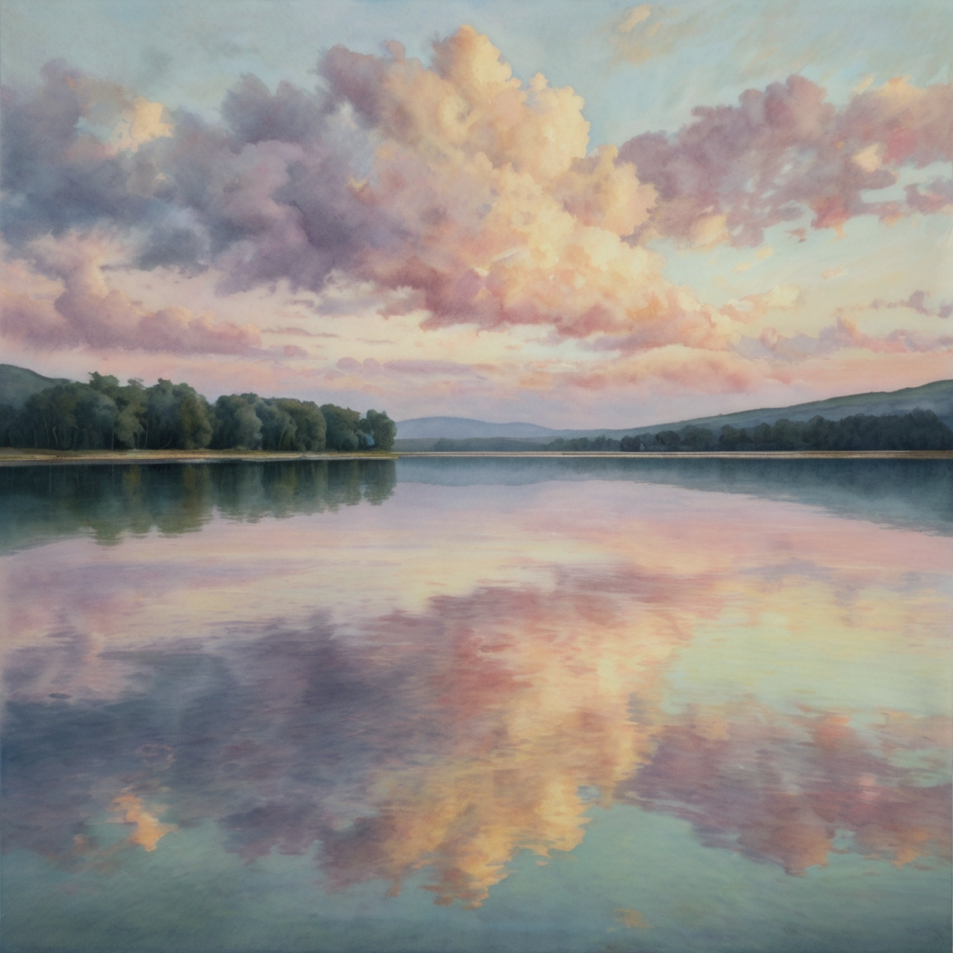 A beautiful watercolor painting capturing the serenity of a tranquil lake. The artwork features soft pastel skies mirrored in