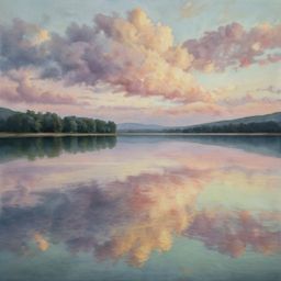 A beautiful watercolor painting capturing the serenity of a tranquil lake. The artwork features soft pastel skies mirrored in