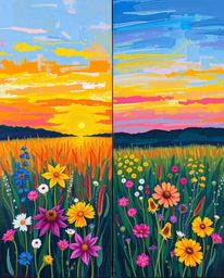 A bold acrylic painting captures a spring wildflower meadow sunset in a unique split composition. The artwork is divided into