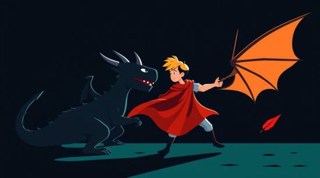 A charming prince with sharp lines battles a fearsome dragon in a captivating illustration, rendered in a vibrant 1950s anima
