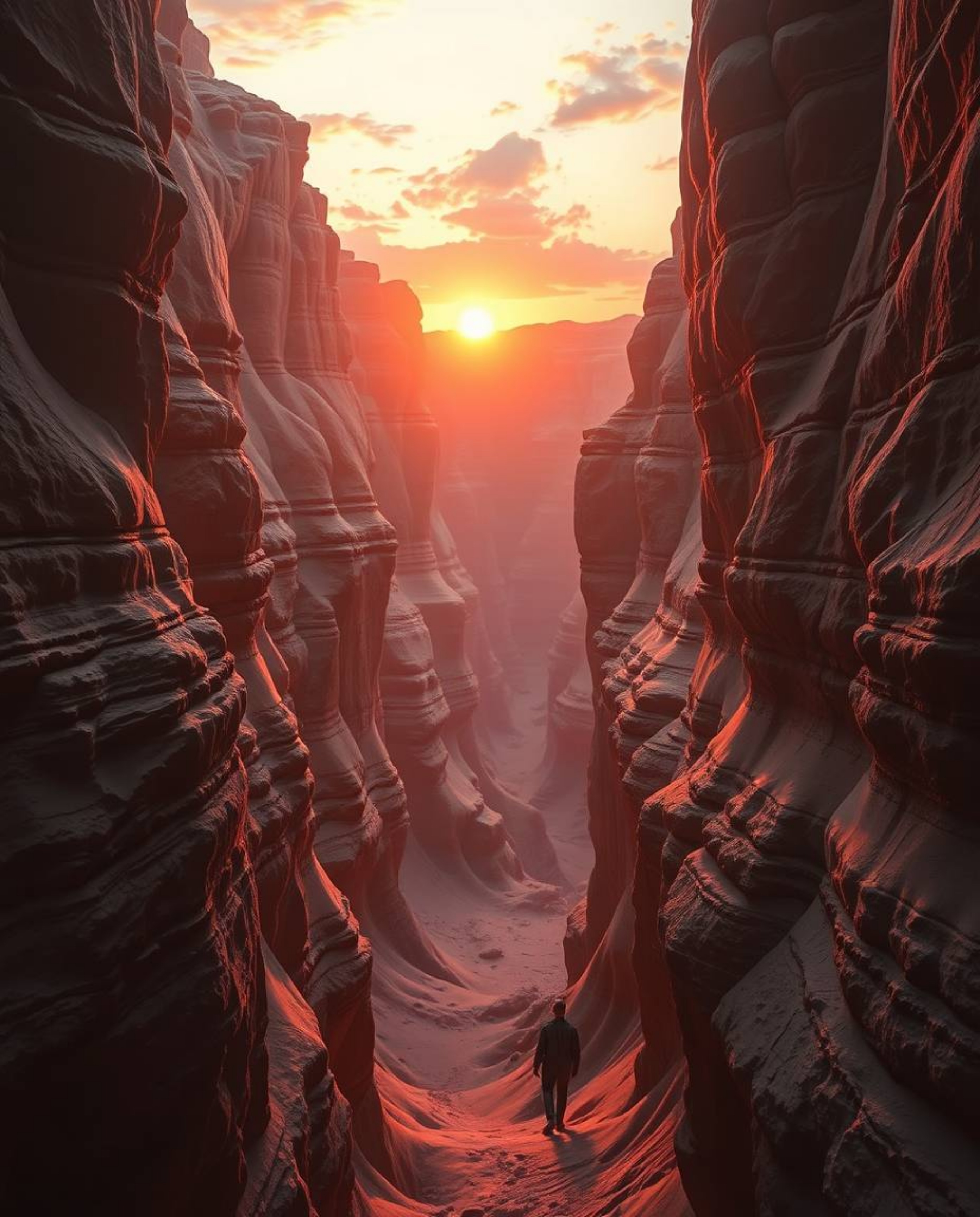 A dreamlike and surreal sunset illuminates sandstone cliffs within a vast canyon, creating a scene with a mystic and ethereal