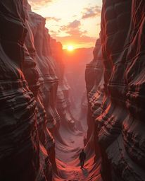 A dreamlike and surreal sunset illuminates sandstone cliffs within a vast canyon, creating a scene with a mystic and ethereal