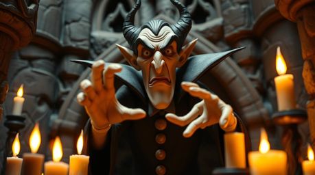 A captivating clay sculpture depicts a classic Disney villain casting a spell within a gothic castle. The warm glow of candl