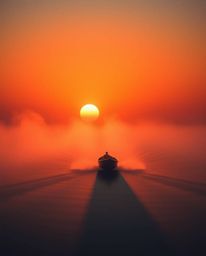 This is a high-resolution stock photo of a boat drifting on a lake at sunset. The image is distinguished by its use of volume