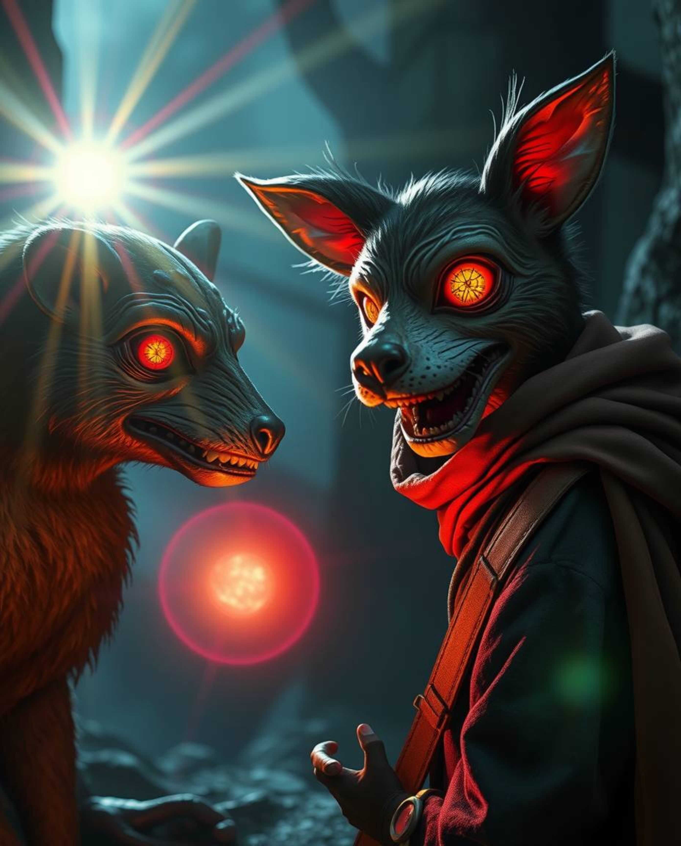 Explore an eerie and creepy image featuring a talking animal sidekick assisting a hero on a perilous journey. This visually s