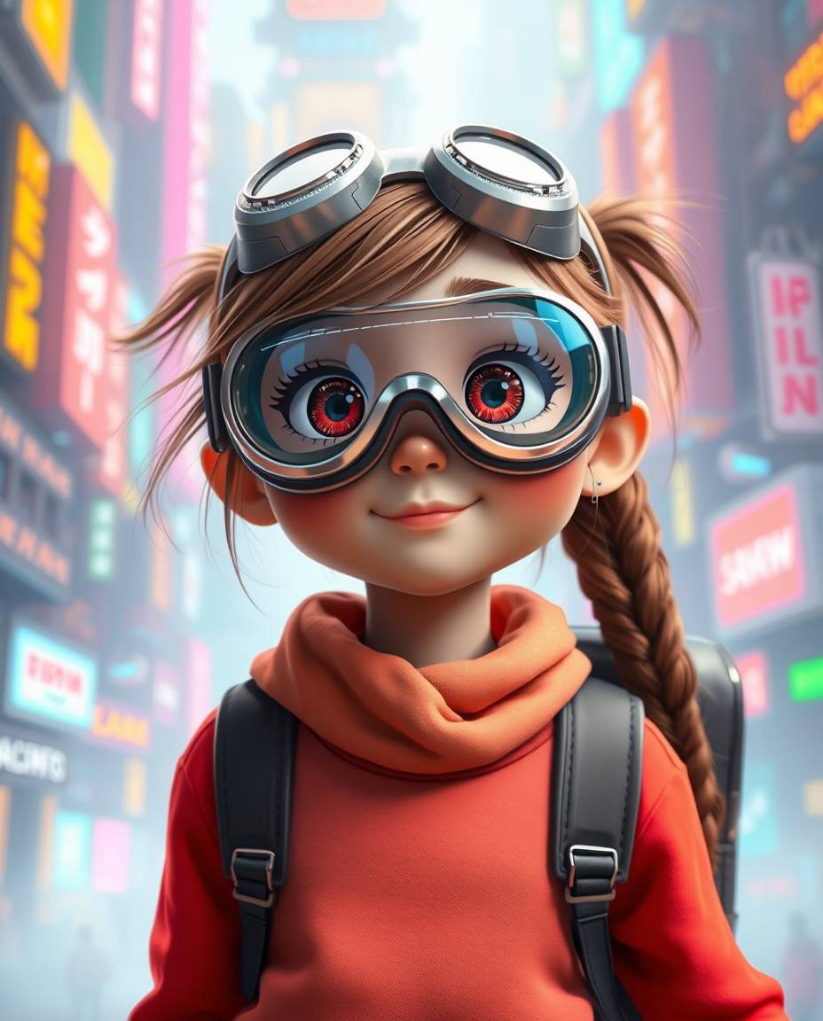 A vibrant and hazy futuristic city serves as the backdrop for a bright-eyed young inventor girl, her rosy cheeks framed by fu