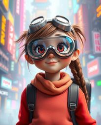 A vibrant and hazy futuristic city serves as the backdrop for a bright-eyed young inventor girl, her rosy cheeks framed by fu
