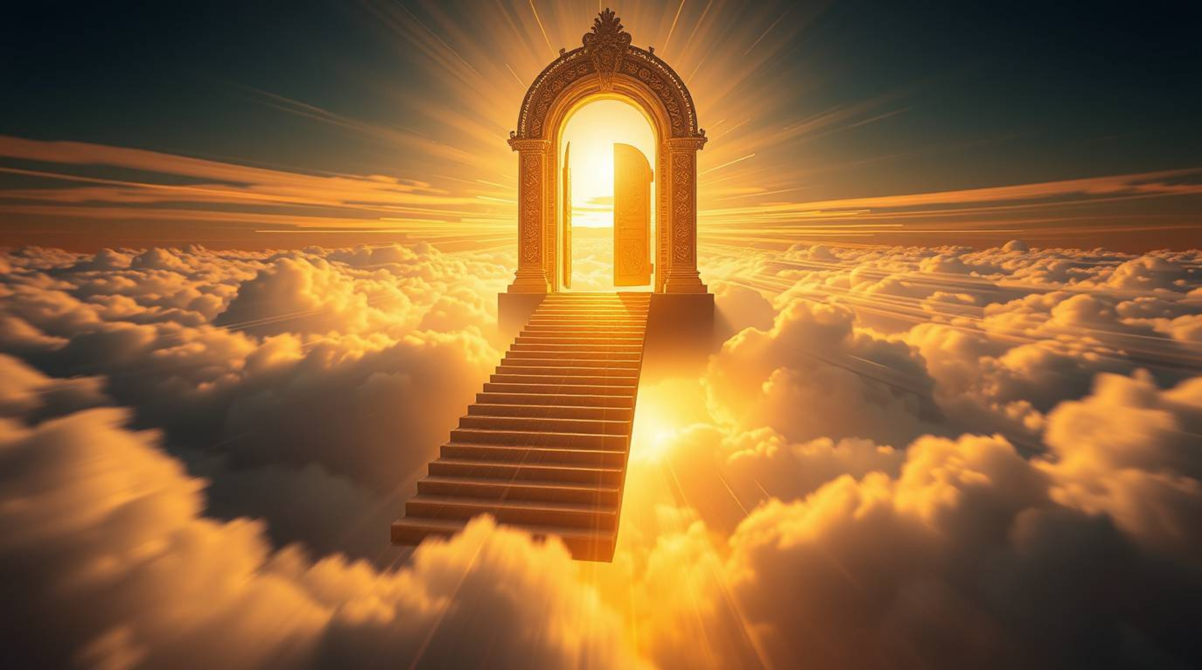 A stunning long exposure photograph captures a heavenly gate suspended above the clouds, with stairs leading upwards bathed i