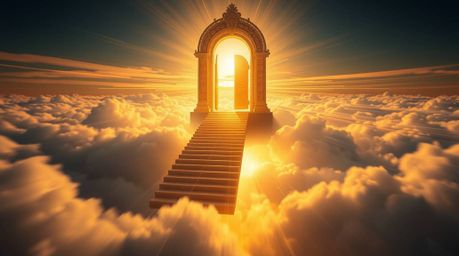 A stunning long exposure photograph captures a heavenly gate suspended above the clouds, with stairs leading upwards bathed i