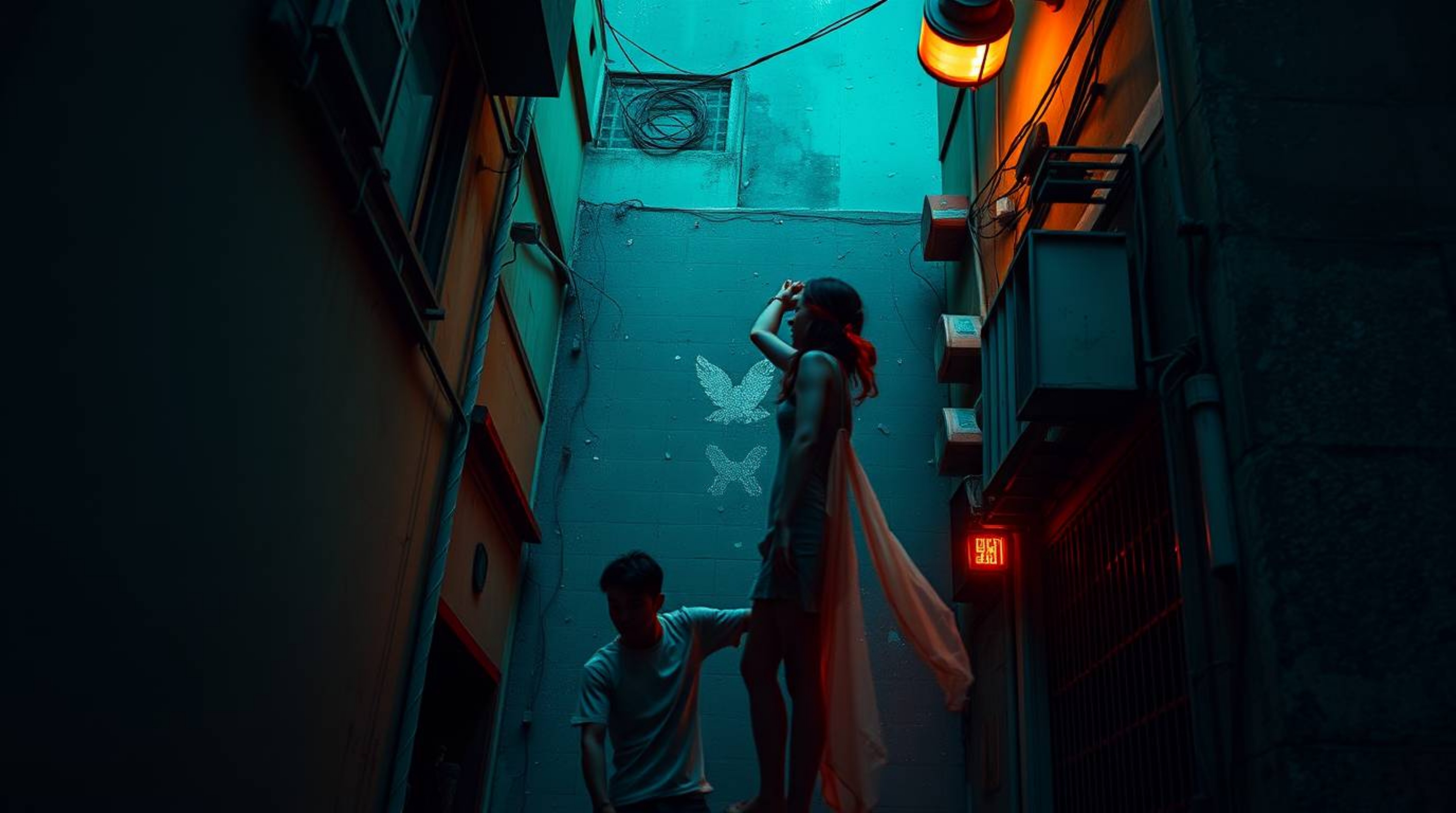 An overhead shot captures a grungy city alley bathed in bioluminescent colors.  Rebellious teens populate the scene, creating
