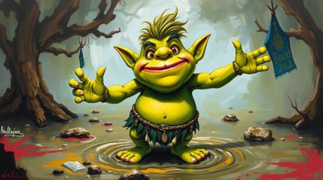 This is a bold acrylic painting depicting an adorable and charming ogre joyfully dancing in a swamp. The artwork features vib