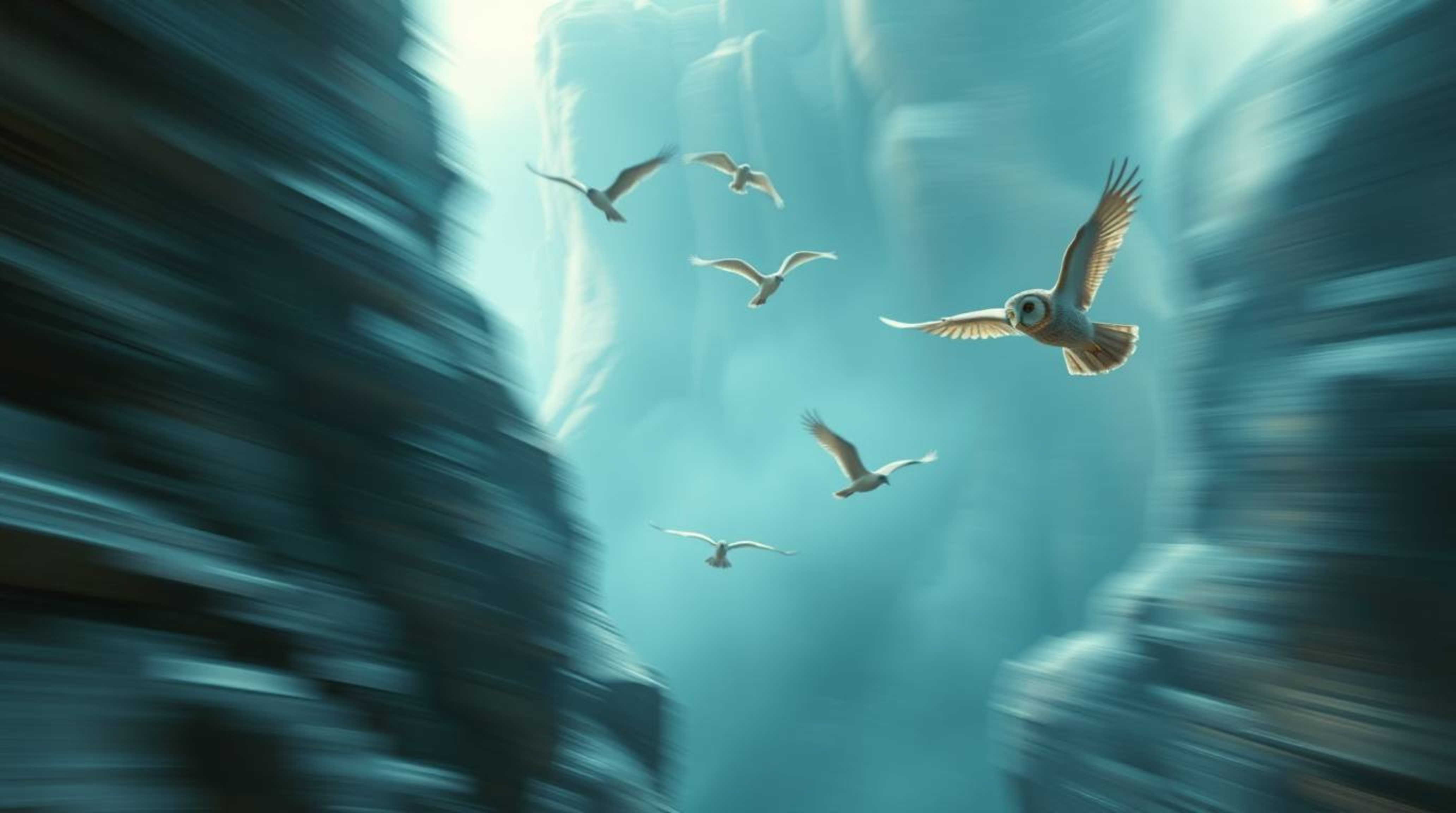 This ethereal long-exposure photograph, rendered in a heartwarming Pixar-style, depicts a blind owl teaching birds to fly thr