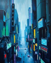 A captivating oil painting depicts a futuristic city engulfed in a glitch effect. Flickering lights and shattered holograms c