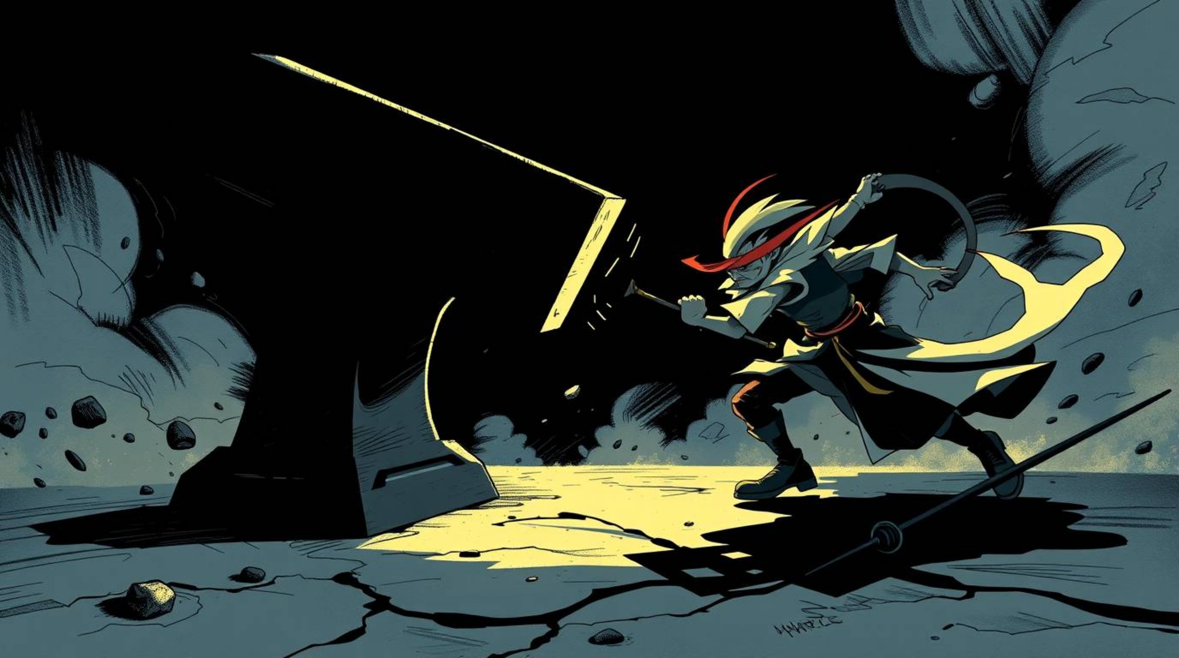 A dynamic illustration showcasing contrasting chiaroscuro lighting as an anvil is poised to strike a trickster character caug