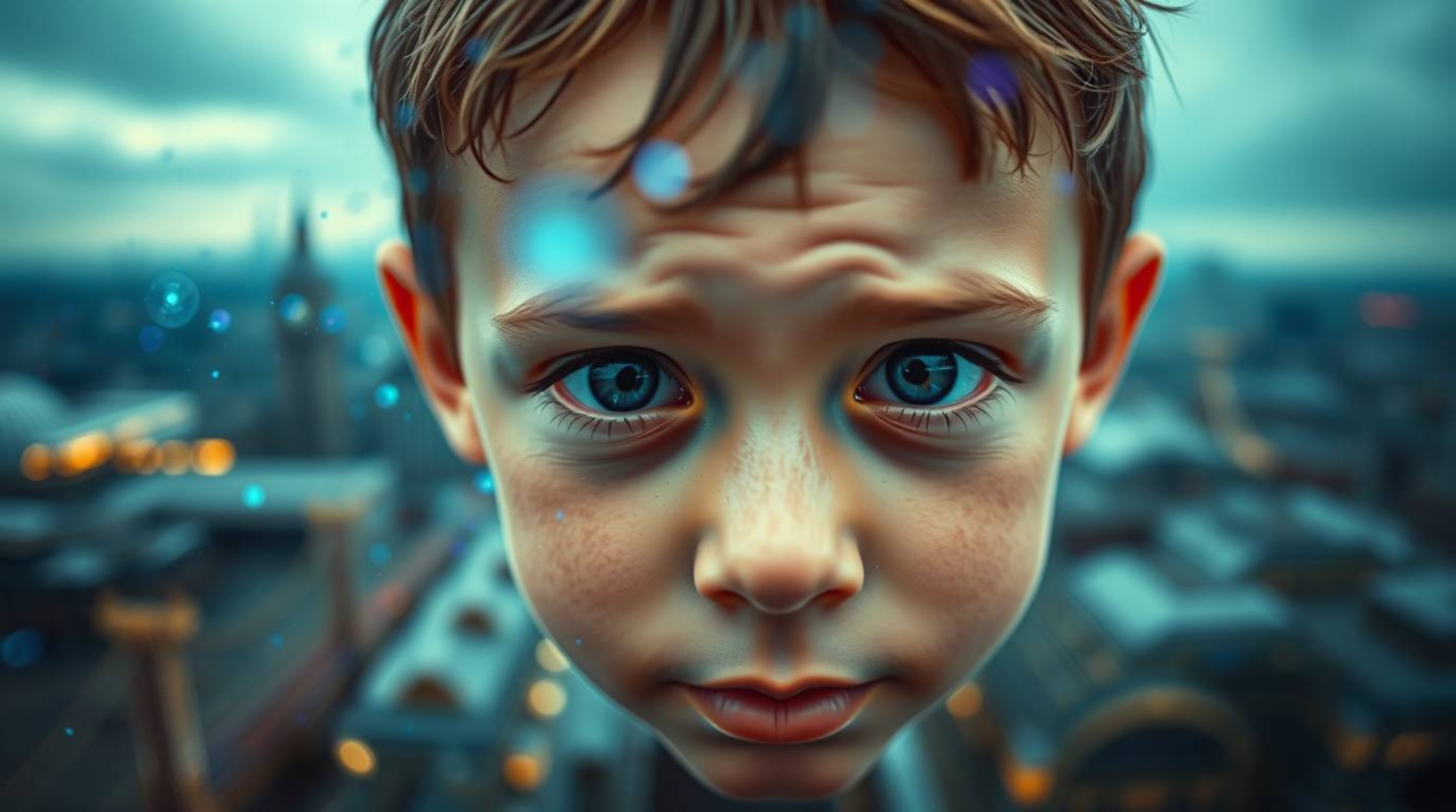 A captivating extreme close-up showcases a young boy's face, seemingly floating amidst vibrant blue-green-purple pixie dust a