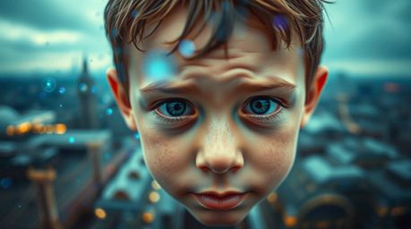 A captivating extreme close-up showcases a young boy's face, seemingly floating amidst vibrant blue-green-purple pixie dust a