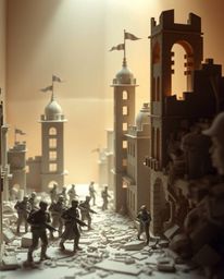 Explore a visually stunning battlefield where intricate origami-style lighting unveils time-warped soldiers and crumbling bui