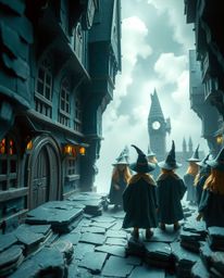 Immerse yourself in a rich, deep teal world of cinematic haze, where a magical school bursts to life. Crafted with layered pa