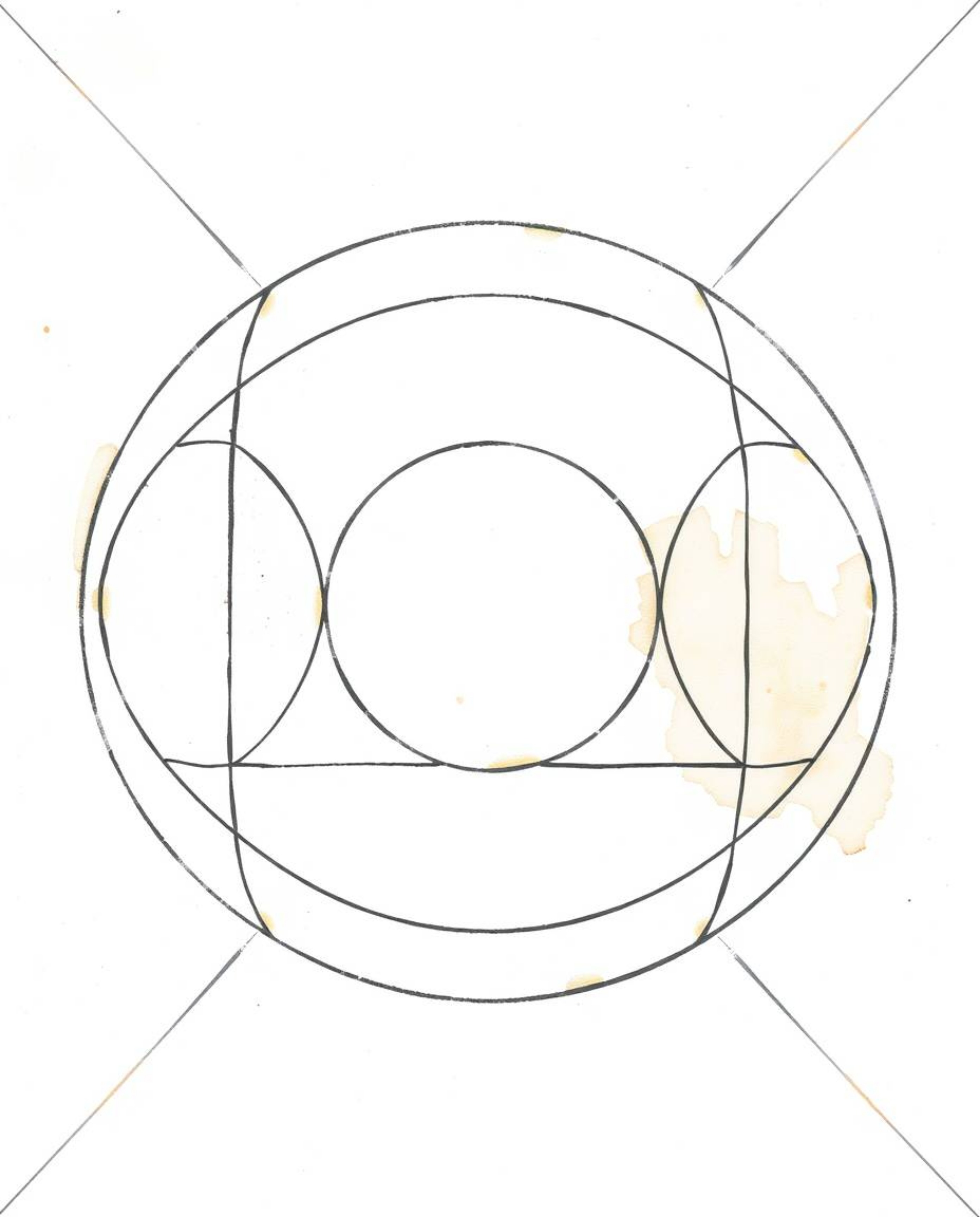 A delicate watercolor painting showcases a minimalist geometric pattern featuring circles and lines in the style of Bauhaus. 