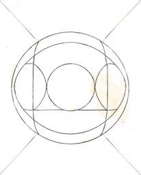 A delicate watercolor painting showcases a minimalist geometric pattern featuring circles and lines in the style of Bauhaus. 