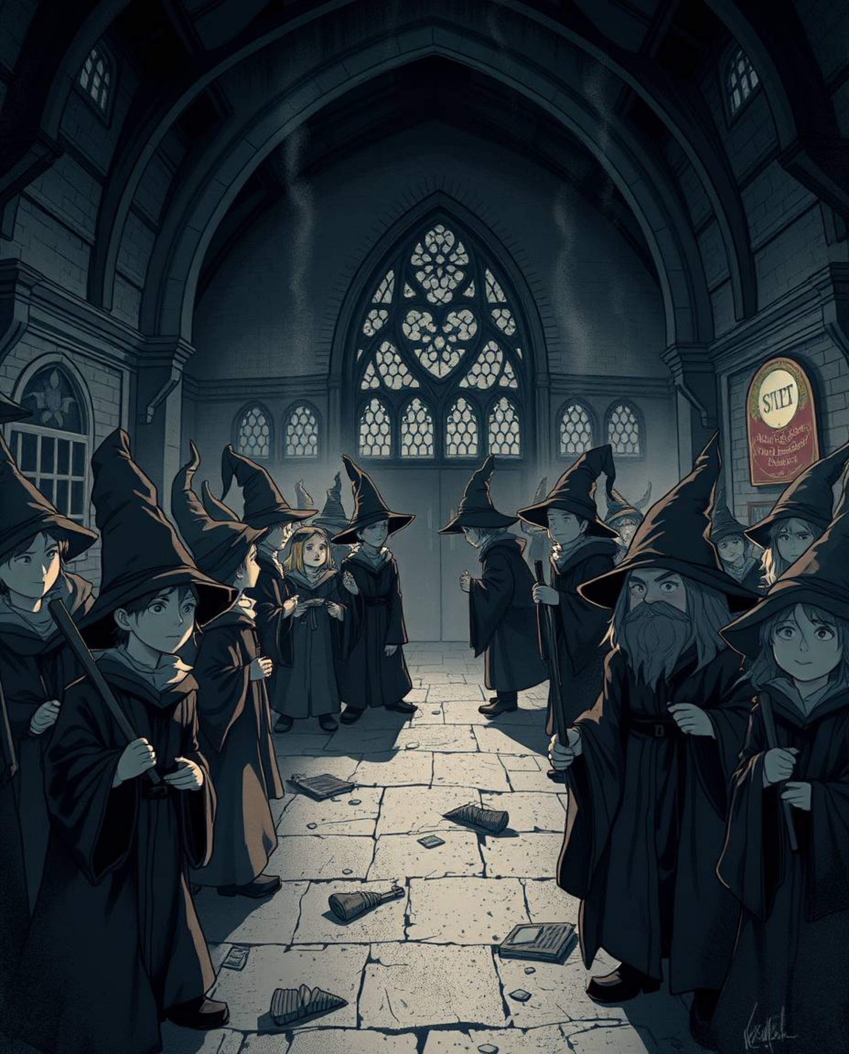 Discover a captivating illustration of a magical school brimming with young wizards.  This moody artwork features low contras