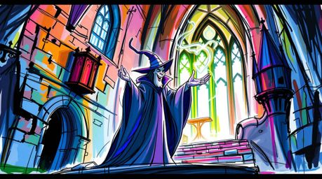 A mesmerizing hand-drawn sketch depicts a classic Disney villain casting a spell within the ancient walls of an old castle.  