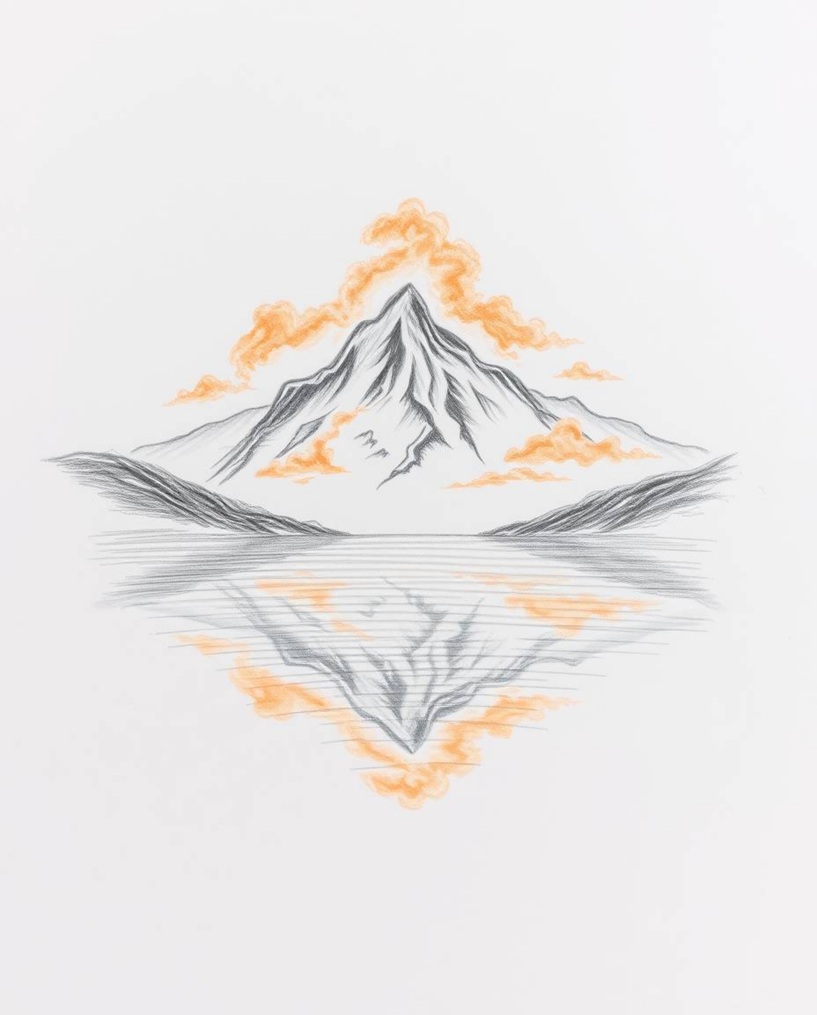 A hand-drawn sketch, created with soft light and gentle strokes, depicts a mountain lake reflecting fiery clouds. The style i