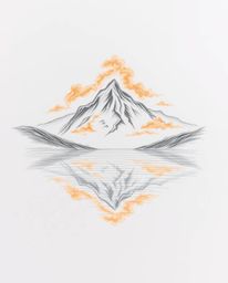 A hand-drawn sketch, created with soft light and gentle strokes, depicts a mountain lake reflecting fiery clouds. The style i