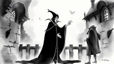 This collection features delicate black and white watercolor paintings depicting a classic Disney villain conjuring a spell w