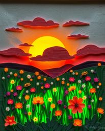 This sculpted papier-mâché artwork captures a magical sunset over a spring wildflower meadow. Featuring glowing bioluminescen