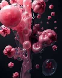 A chilling 3D render showcases a split scene filled with fluid organic blobs. Translucent materials float eerily in space, sh