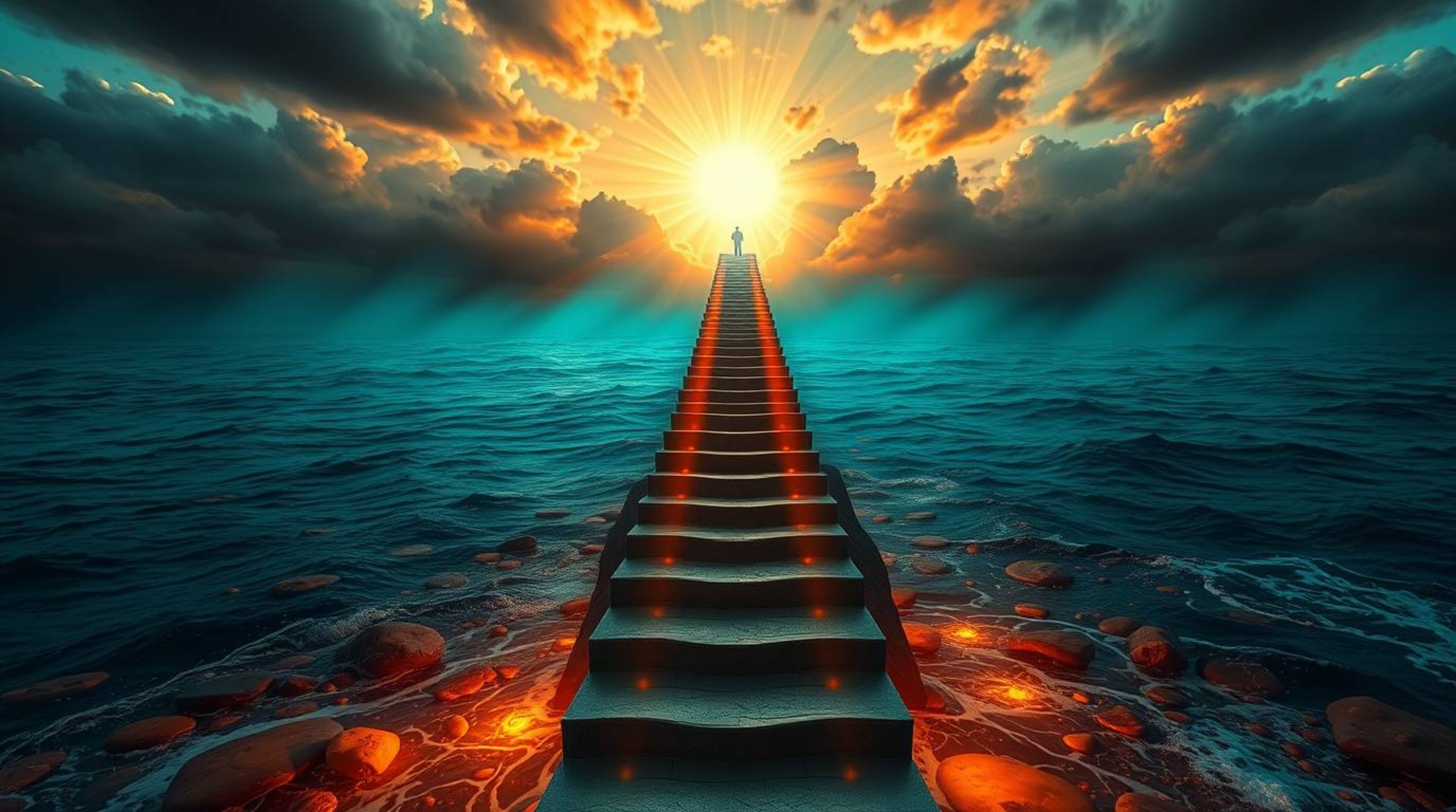 A dramatic staircase rising from a bioluminescent ocean towards a stormy sky, illuminated by a divine sunburst, creates an ep