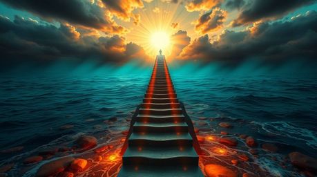 A dramatic staircase rising from a bioluminescent ocean towards a stormy sky, illuminated by a divine sunburst, creates an ep