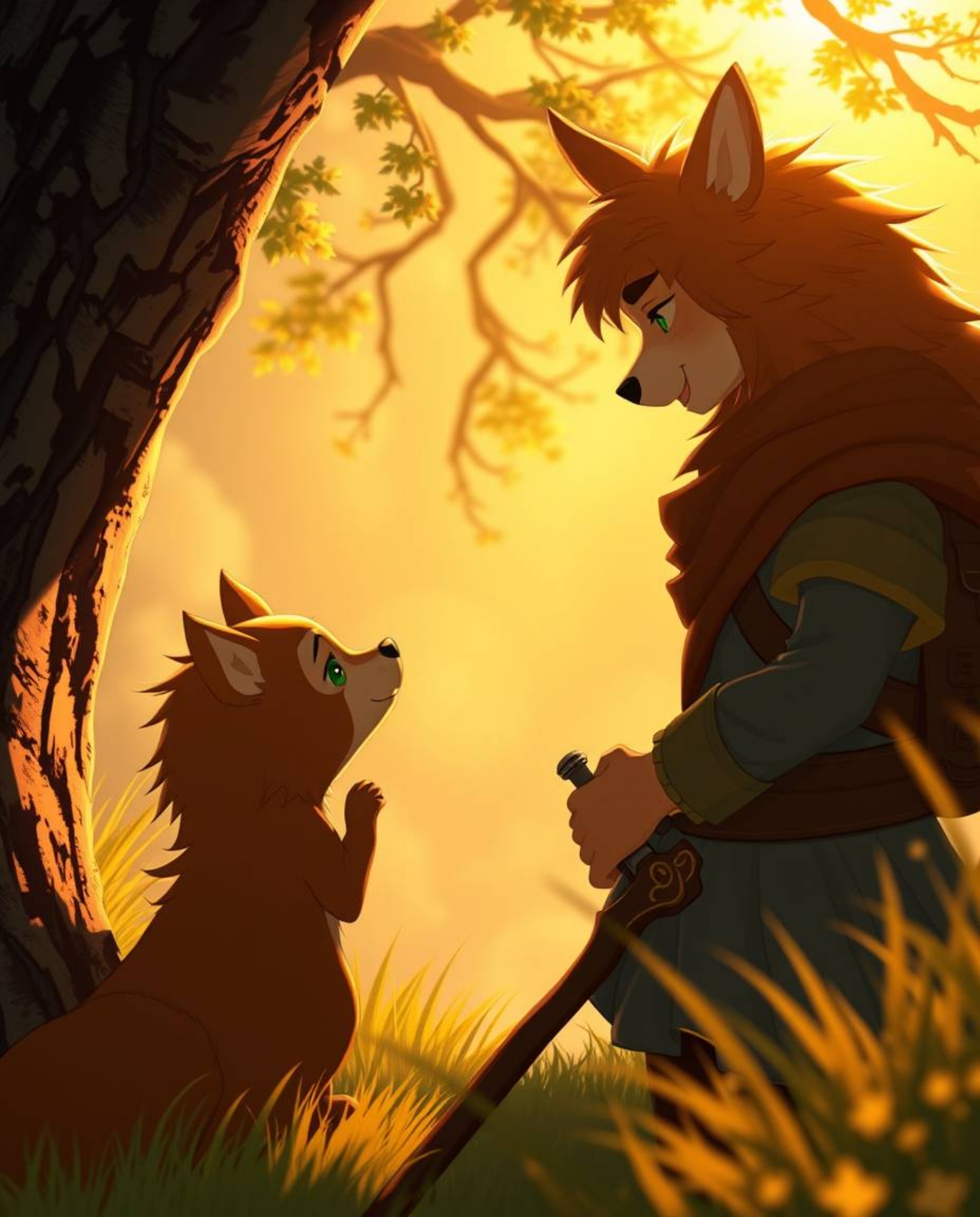 A captivating scene portrays a talking animal sidekick assisting a hero on their epic adventure.  Bathed in the warm, soft gl