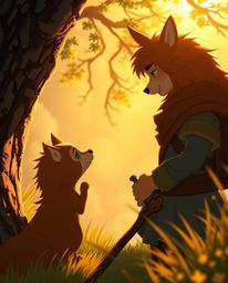 A captivating scene portrays a talking animal sidekick assisting a hero on their epic adventure.  Bathed in the warm, soft gl