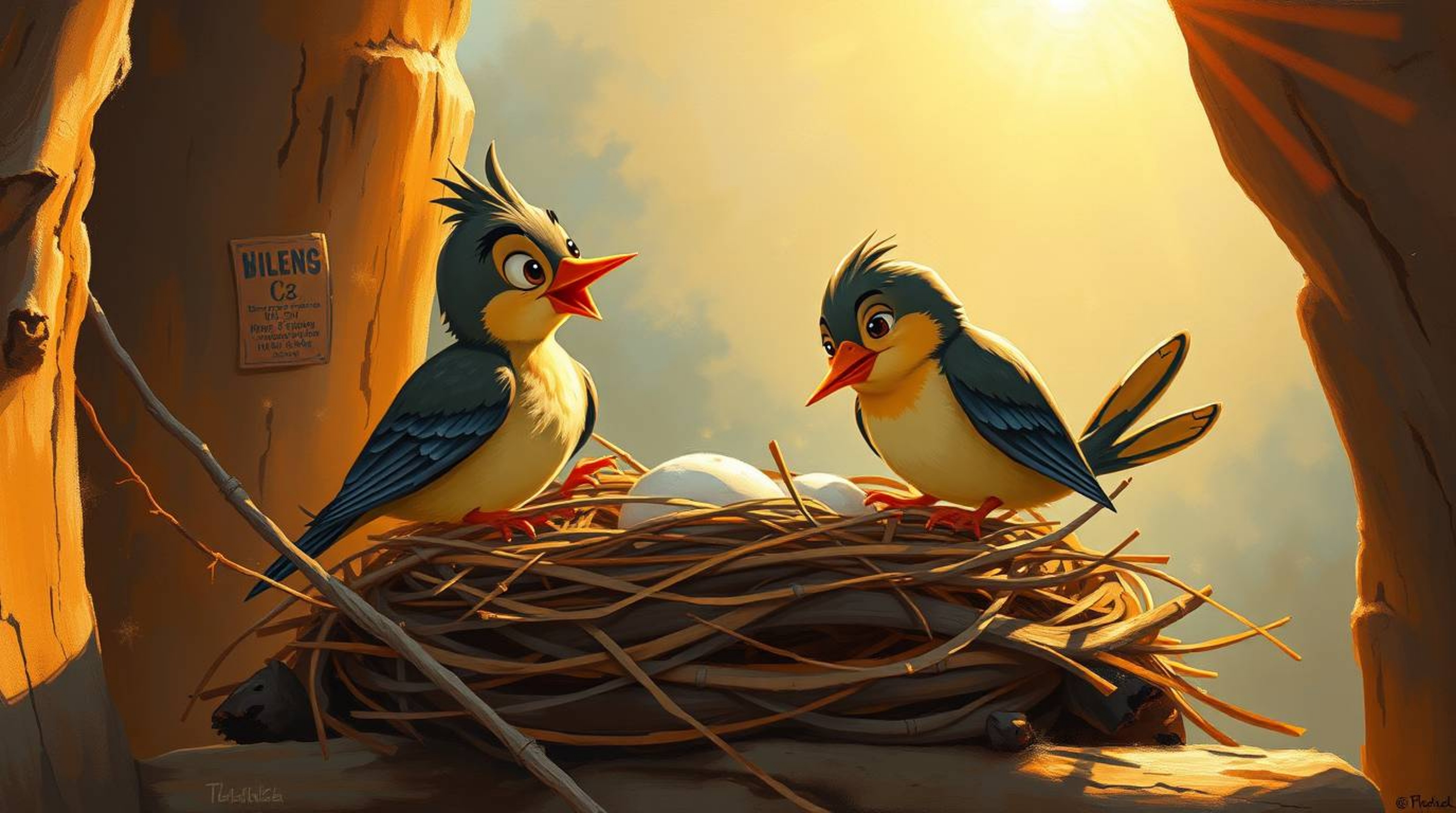 A charming oil painting depicts two cartoon birds diligently constructing a nest. Rendered in a classic animation style with