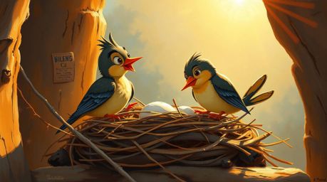 A charming oil painting depicts two cartoon birds diligently constructing a nest.  Rendered in a classic animation style with
