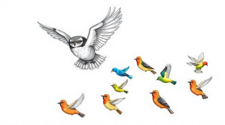 A heartwarming hand-drawn sketch in the style of Pixar depicts a blind owl with subtly detailed feathers guiding a flock of b