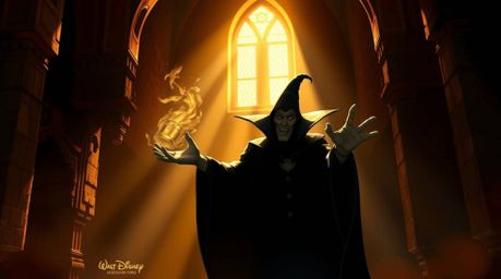 This captivating digital painting depicts a classic Disney villain casting a powerful spell within the ancient walls of an ol