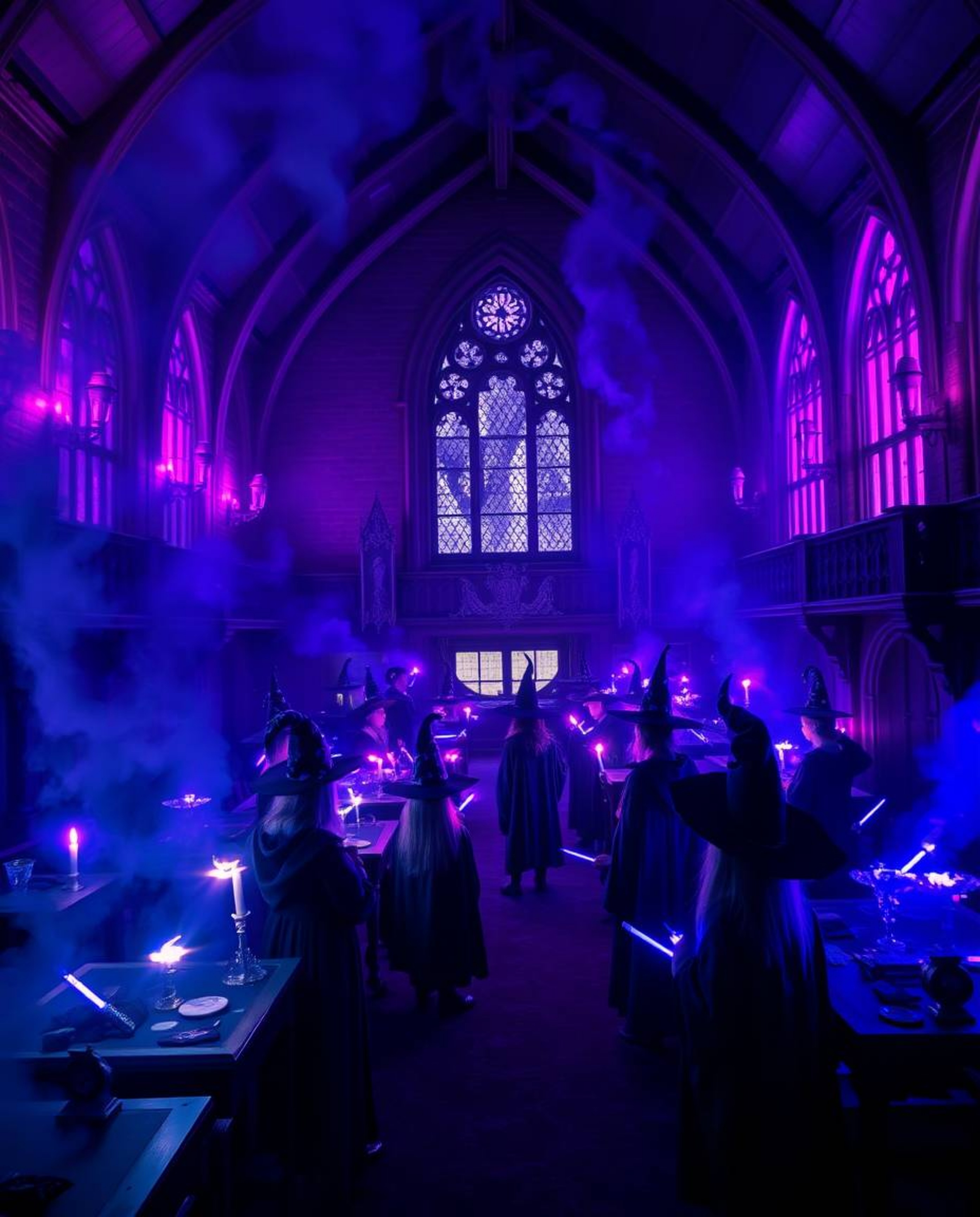 Immerse yourself in a magical school bathed in deep ultraviolet hues, a mystic and enchanting environment filled with young w