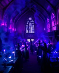 Immerse yourself in a magical school bathed in deep ultraviolet hues, a mystic and enchanting environment filled with young w