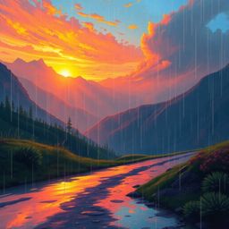 A stunning digital painting captures a serene sunset over a quiet mountain valley during a gentle rain.  The artwork showcase
