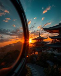 Explore a serene Zen garden at sunset, reimagined in a futuristic sci-fi style through a tight close-up shot. This detailed f