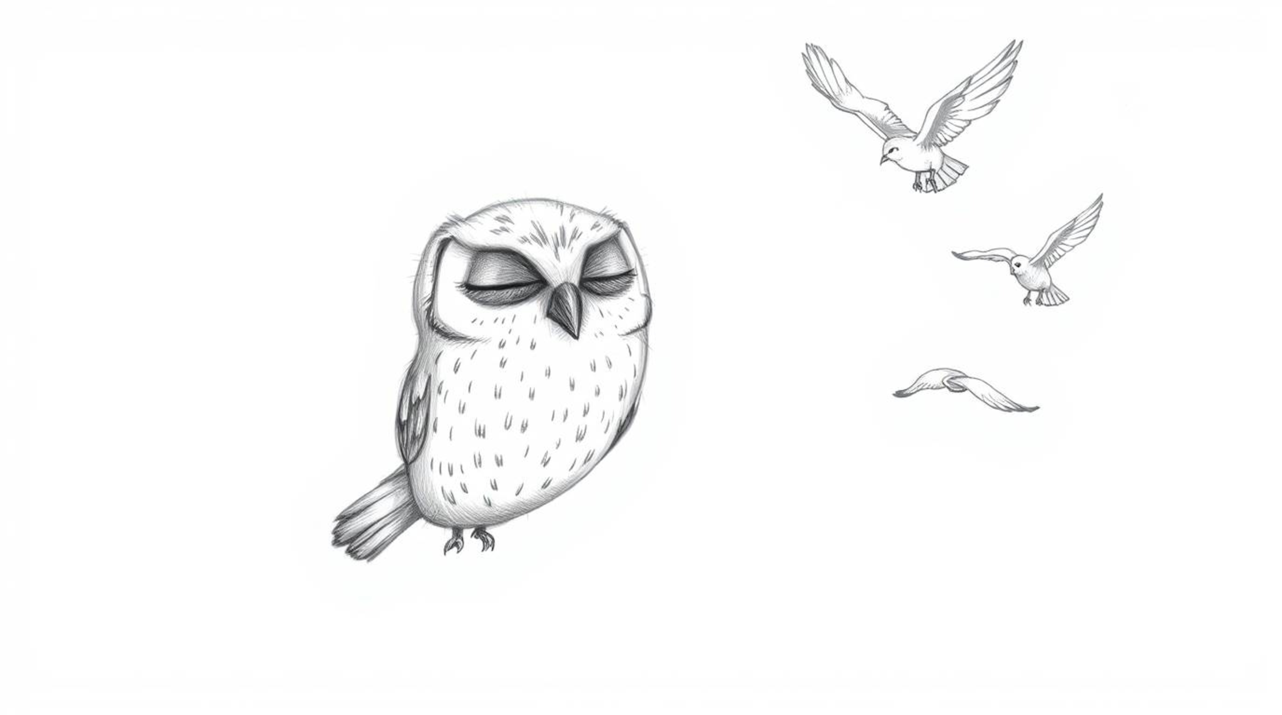 A captivating image of a blind owl, eyes softly closed, guides birds in their flight, rendered in a textured and rough style 