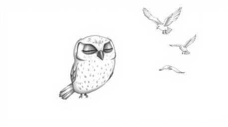 A captivating image of a blind owl, eyes softly closed, guides birds in their flight, rendered in a textured and rough style 