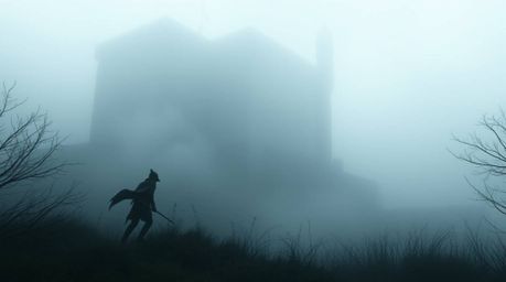 Capture the suspense and intrigue of a thief sneaking into a heavily guarded castle, shrouded in a moody, foggy atmosphere. L