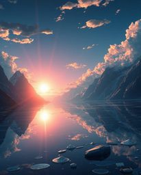 An epic, large-scale Isekai anime-style scene depicting a glassy fjord reflecting a sunset, infused with modern futuristic el